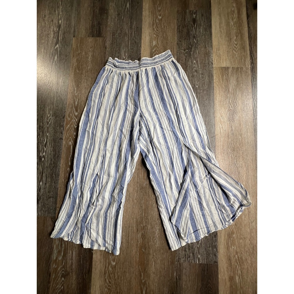 Land 'n Sea Wide Leg Pants Womens XL Blue White Striped Smocked Split Hem Boho
